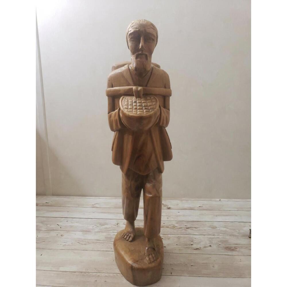 Vintage 16" Tall Hand Carved Wood Man Folk Art Barefoot